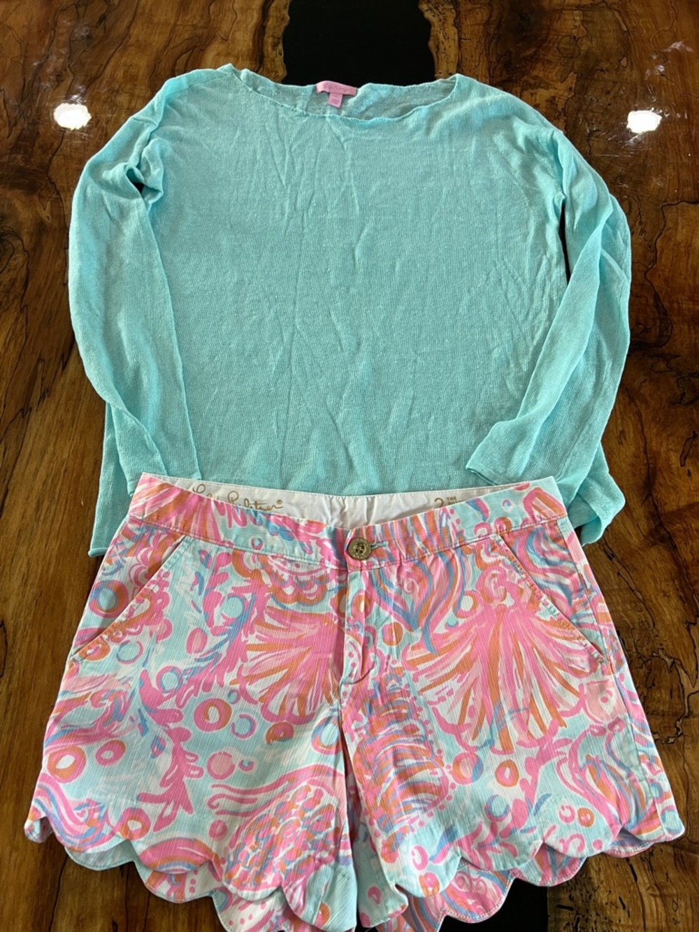 Lily Pulitzer Mint Lightweight Sweater with Pastel Scalloped Print Shorts